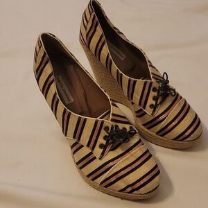 Tabitha Simmons Tie Striped Oxford Wedge Pink/Navy